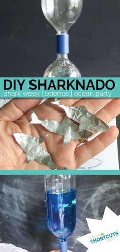 a person holding a glass bottle with blue liquid in it and the words diy sharknado behind it