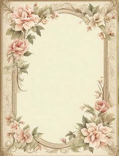 an ornate frame with pink flowers and leaves on the edges is featured in this image