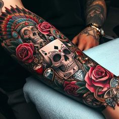 a person with a tattoo on their arm is holding a cell phone in his hand