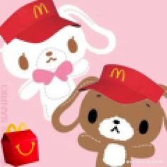 two cartoon bears with mcdonald's hats on, one holding a hot dog and the other pointing at it