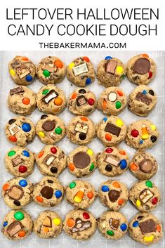 cookies with m & m candy on top and the words, leftover halloween candy cookie dough