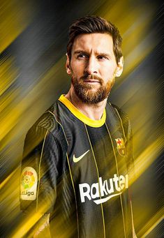 a man with a beard wearing a black and yellow soccer uniform is looking at the camera