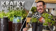 a man is holding up some plants in front of him and the words kratky method