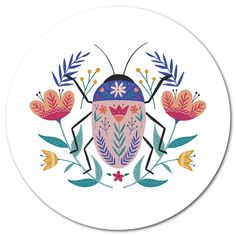 a round sticker with an insect and flowers on it