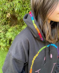 Amazing hand embroidered rainbow smiley face hoodie with embroidered stitching on hood as well! Rainbow Smiley Face, Smiley Hoodie, Smiley Face Hoodie, Embroidered Rainbow, Hoodie Diy, Embroidery Hoodie, Womens Hoodies, Embroidery On Clothes