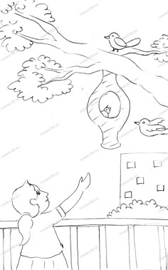 a drawing of a girl reaching up to a bird feeder in front of a tree