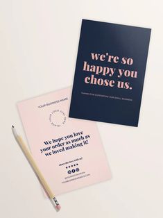 two greeting cards with the words we're so happy you choose us