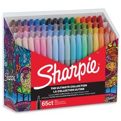 the box is full of sharpie crayons and contains six different colored markers