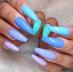 One Nail Different Color, Summer Nails Different Colors, Two Different Nail Colors On Each Hand, Different Shades Of Blue Nails, Colourful Acrylic Nails, Different Color Nails, Almond Nail Art, Cute Summer Nail Designs