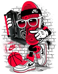 a drawing of a basketball player with sunglasses and a red hat, holding a game controller