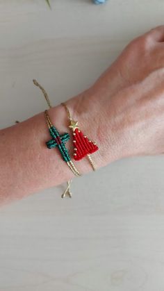 Makes a great gift! Macrame Christmas tree and Macrame cross bracelet are a nice Christmas gift, Valentine's day gift, birthday gift, wedding gift, bridesmaid gift and other special day gift for women. The price is for two bracelets. Looks great worn alone or multiple layered. Each tree and cross are made with in red or green color. The star on the top is 24K gold plated metal bead. Great fit for almost any wrist - adjusts from 15cm to 30cm approx. Please let me know if you want different colors. Christmas Macrame Bracelet, Adjustable Beaded Bracelets For Holiday Gifts, Adjustable Bracelets For Holiday Gifts, Adjustable Christmas Friendship Bracelets, Christmas Friendship Adjustable Bracelets, Adjustable Beaded Bracelets As Christmas Gift, Adjustable Beaded Bracelets For Christmas Gift, Handmade Adjustable Beaded Bracelets For Holidays, Adjustable Beaded Bracelet Christmas Gift