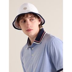 DESIGNED BY MR PORTER. Mr P. and G/FORE have joined forces to create the ultimate collection of elevated golf kit. , This bucket hat is crocheted from lightweight, breathable cotton and features tonal-blue stripes tracing the brim , Detailed with a co-branded, rubberised logo appliqué Luxury White Visor Hat, Casual White Golf Visor, Bucket Hat For Men, Cotton Bucket Hat, Mr P, Mens Bucket Hats, White Shoes Sneakers, Ralph Lauren Shop, Hat For Men