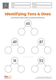 a worksheet for identifying tens and ones, with numbers to 10 on each side