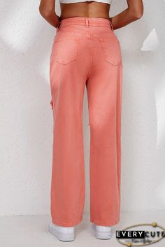 Pink High Waist Ripped Straight Leg Pocket Jeans Trendy Pants With Side Zipper For Spring, Trendy Spring Pants With Side Zipper, Casual Pants With Zipper Closure For Spring, Casual Spring Pants With Zipper Closure, Spring Casual Pants With Zipper Closure, Utility Pants With Zipper Closure For Spring, Spring Utility Pants With Zipper Closure, Casual Pants With Zip Fly For Spring, Spring Utility Pants With Zip Fly