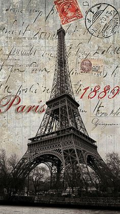 the eiffel tower is surrounded by stamps