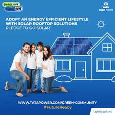 three people standing in front of a house with solar panels on the roof