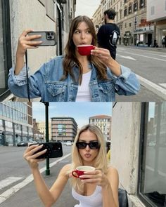 a woman taking a selfie while holding a coffee cup