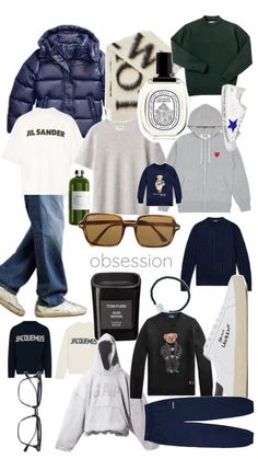 a collage of clothing and accessories including sweaters, hoodie, sunglasses, sweatshirt