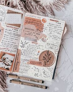 an open notebook with writing on it next to two pens and a feathered shawl