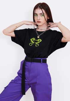 "Dragon T-shirt. High-quality classic cut T-shirt with a neon green dragon embroidery, designed by us and made in Poland. The model is 168 cm (5'6\") and wears size L. JOIN US ON INSTAGRAM 🌹 http://instagram.com/blvck.pl 🏷 PRODUCT DETAILS 🏷 Embroidery Crew neck 100% High-quality Cotton Made in Poland 📏 SIZING & FIT 📏 All our sweatshirts and T-shirts are unisex. Measurements (width/length) XS - 49/64 cm (19\"/25\") S - 51/68 cm (20\"/27\") M - 53/70 cm (21\"/27.5\") L - 55/72 cm (21.5\"/ Alternative Style T-shirt For Spring Streetwear, Alternative Style Crew Neck Cotton Shirt, Alternative Cotton Crew Neck Shirt, Alternative Style Cotton Crew Neck Shirt, Alternative Style Short Sleeve Cotton T-shirt, Short Sleeve T-shirt With Embroidered Graphics For Streetwear, Crew Neck Cotton T-shirt With Punk Style, Punk Style Cotton T-shirt For Summer, Summer Punk Style Cotton T-shirt