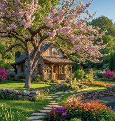 a house surrounded by flowers and trees in the sunlit garden with stepping stones leading up to it