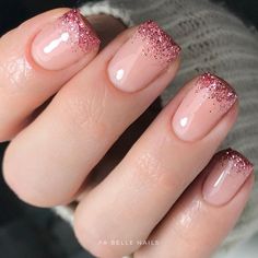 Faded Glitter Nails Ombre, Glitter Tips Short Nails, Ombre French Tips With Glitter, Ombre Nails Gilter, Gel Nails Ideas Short Glitter Ombre, French Manicure Designs Sparkle, January Nail French Tips, Gel Nail Glitter Designs, Glitter Ombre Nails Square Short