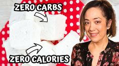 a woman standing in front of a red and white polka dot background with the words zero carbs on it