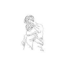 a black and white drawing of two people hugging