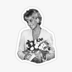 an old photo of a woman holding flowers sticker on a white background with the words,