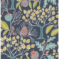 an image of a wallpaper with flowers and leaves on dark blue background, which is very similar to the pattern used in this painting