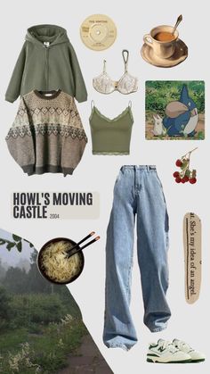 Comfy Cute Clothes Aesthetic, Casual Nature Outfits, Green Based Outfits, Lazy Cottagecore Outfits, Baggy Cottagecore Outfits, Cottagecore Aesthetic Outfits Casual, Green Nature Outfit, Vintage Comfy Outfit, Ghibli Outfits Aesthetic