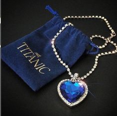 Pretty HEART OF THE OCEAN Big Czech Blue CRYSTAL Pendant NECKLACE A brand-new, unused, and unworn item in the original packaging a velvet bag with Titanic name imprinted with 24k Gold Foil. Surface processing platinum plating Pendant  size 34 mm x 45 mm Chain length 45cm. Premium Design and Craftsmanship with Pride. This is an eye catching costum jewelry.. Timeless, Beautiful, fun definitely a conversation starter, as they are Iconic yet Classic Pieces...Nothing shy of a Luxurious Collection of unique, One of a kind Custom Jewelry. Alloy (97% tin and 3% bismuth). Nickel free and Lead free  Disclaimer: for best product longevity , avoid swimming with it, spray perfumes on it etc For better longevity results not to wear them every day , nor wear them while you sleep because the body can prod Jin Jang, Blue Pendant Necklace, Ocean Inspired Jewelry, Ocean Heart, Ocean Necklace, Blue Pendant, Necklace Necklace, Sapphire Necklace, Van Cleef Arpels