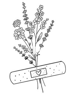 a drawing of flowers in a tube with a heart on the end and a stick attached to it