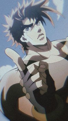 an anime character with black hair and white shirt holding his hands up in the air