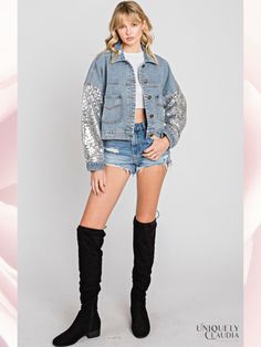 Brittney Sequins Detail Distressed Denim Jacket - UNIQUELY CLAUDIA Trendy Long Sleeve Denim Jacket With Sequins, Spring Party Denim Jacket, Trendy Long-sleeve Denim Jacket With Sequins, Trendy Denim Jacket With Sequins, Sequin Denim Jacket For Spring, Long Sleeve Denim Jacket For Party, Spring Denim Jacket With Sequins, Winter Party Denim Jacket, Denim Long Sleeve Jacket For Night Out