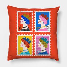 a cushion with four stamps on it depicting women's heads in different colors and patterns