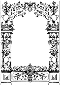 an ornate arch with flowers and leaves on it, vintage line drawing or engraving illustration