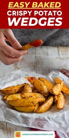 baked crispy potato wedges on a plate with text overlay that reads easy baked crispy potato wedges