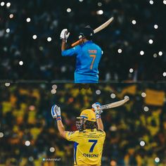 two men in yellow and blue uniforms playing cricket