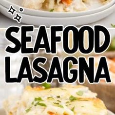 this seafood lasagna is loaded with cheese and vegetables for a hearty meal