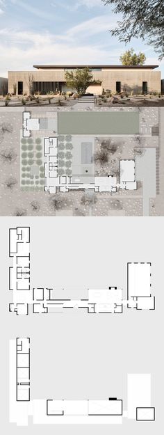 an architectural drawing shows the different sections of a building and its surrounding area, as well as