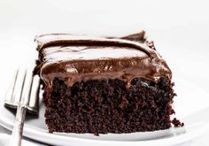 a piece of chocolate cake on a plate with a fork