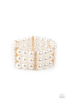 Held together by white rhinestone dotted gold fittings, row after row of bubbly white pearls are threaded along stretchy bands around the wrist for a timeless elegance. Live Text, Gold Pearl Bracelet, Paparazzi Accessories, White Rhinestone, Gold Rhinestone, Paparazzi Jewelry, White Beads, Bracelets And Charms, Boutique Jewelry