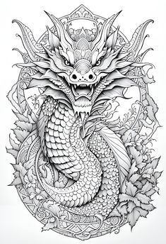 a drawing of a dragon with leaves around it