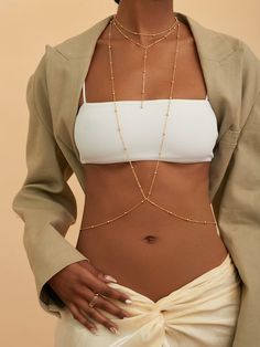 Bra Body Chain, Body Chain Outfit Street Style, Coachella 23, Beach Party Accessories, Cowl Neck Slip Dress, Bead Bra, Chain Bra, Body Chains, Dainty Chain