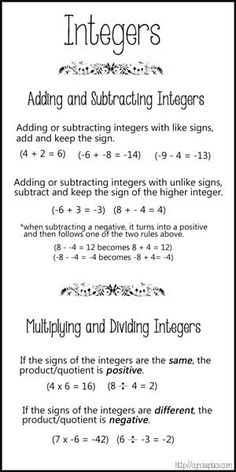 an instruction sheet for adding and subtracting ineggers to solve the problem