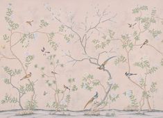 a painting of birds sitting on branches with flowers and leaves in front of the wall