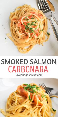 smoked salmon and carbonara pasta on a white plate