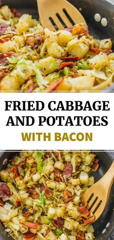 fried cabbage and potatoes with bacon in a skillet