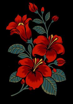 red flowers with green leaves on a black background